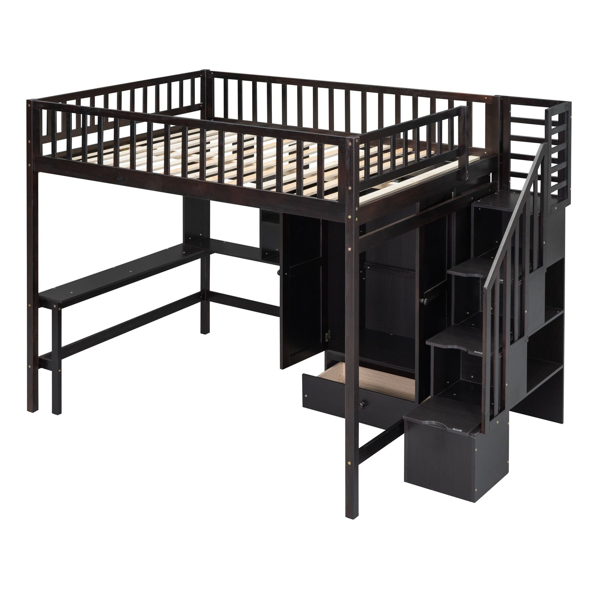 Full size Loft Bed with Bookshelf,Drawers,Desk,and Wardrobe-Espresso image 8