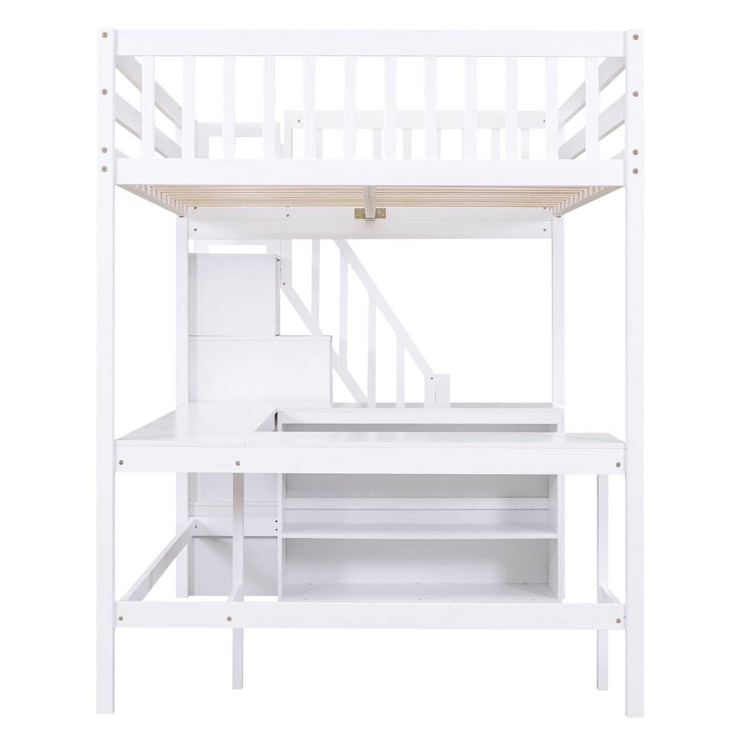 Full Size Loft Bed with Built-in L-Shaped Desk and Three-Tier Storage Shelves,and Attached Storage Staircase, White(Old  image 15