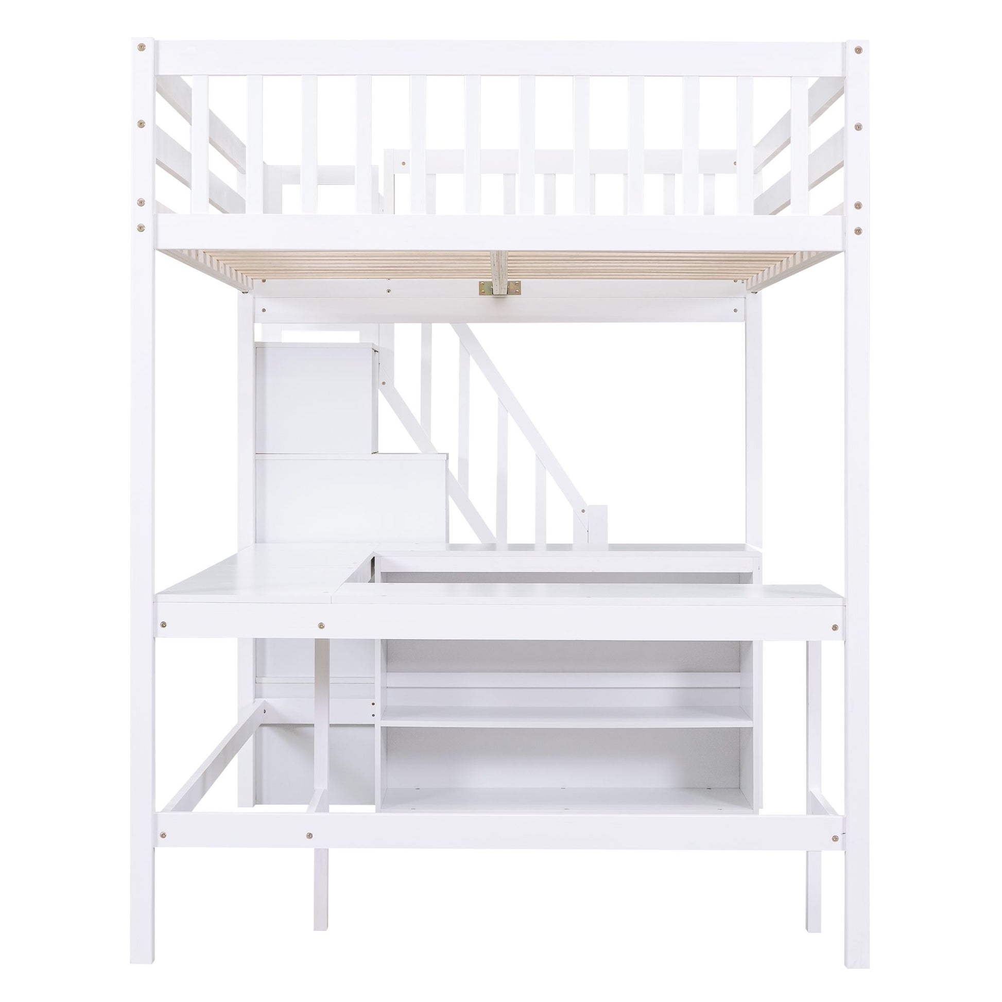 Full Size Loft Bed with Built-in L-Shaped Desk and Three-Tier Storage Shelves,and Attached Storage Staircase, White(Old  image 15