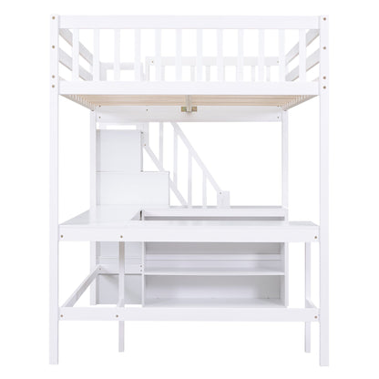 Full Size Loft Bed with Built-in L-Shaped Desk and Three-Tier Storage Shelves,and Attached Storage Staircase, White(Old  image 15