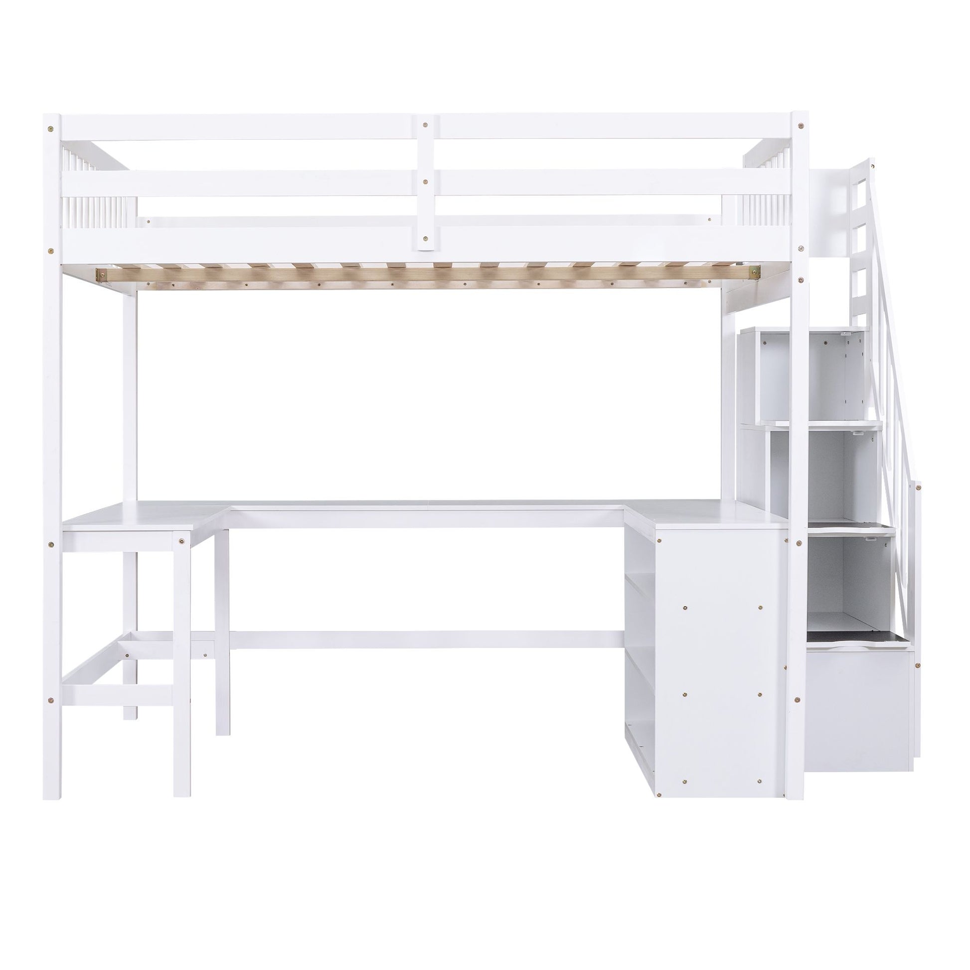 Full Size Loft Bed with Built-in L-Shaped Desk and Three-Tier Storage Shelves,and Attached Storage Staircase, White(Old  image 13