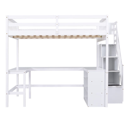 Full Size Loft Bed with Built-in L-Shaped Desk and Three-Tier Storage Shelves,and Attached Storage Staircase, White(Old  image 13