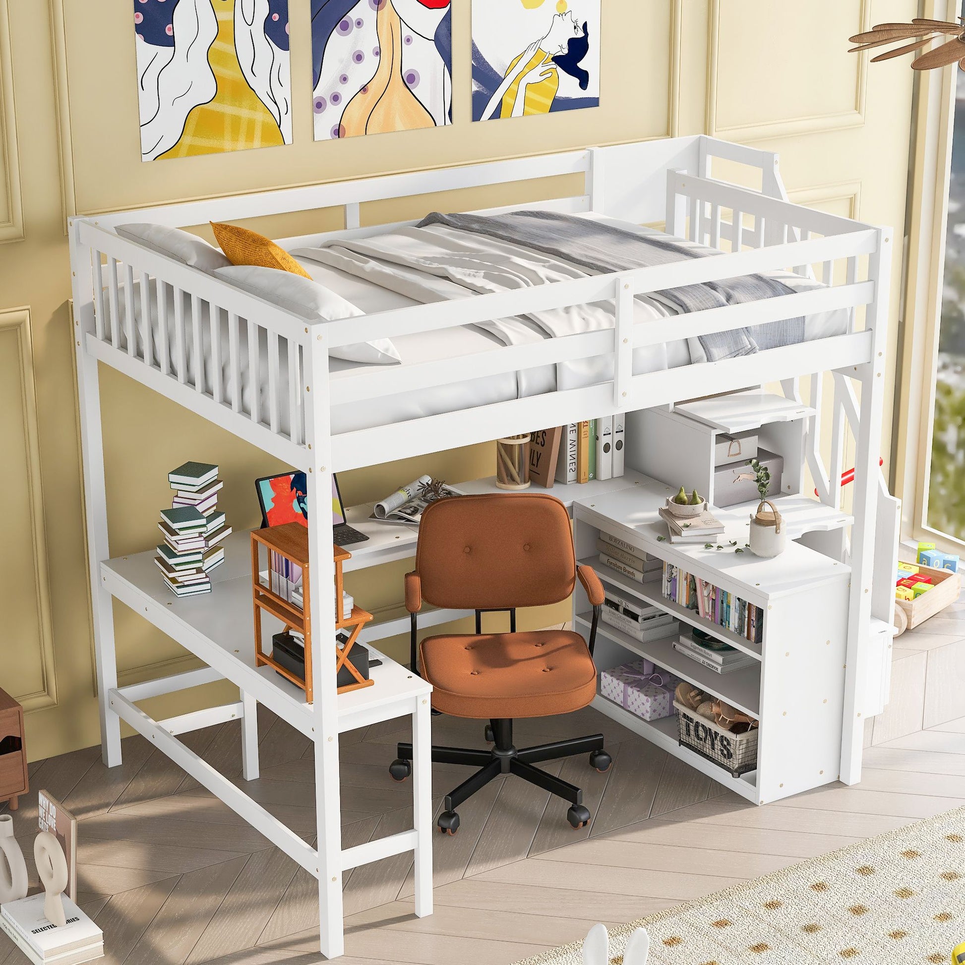 Full Size Loft Bed with Built-in L-Shaped Desk and Three-Tier Storage Shelves,and Attached Storage Staircase, White(Old  image 1