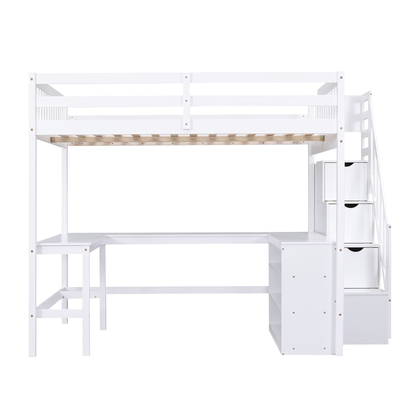 Full Size Loft Bed with Built-in L-Shaped Desk and Three-Tier Storage Shelves,and Attached Storage Staircase, White(Old  image 12
