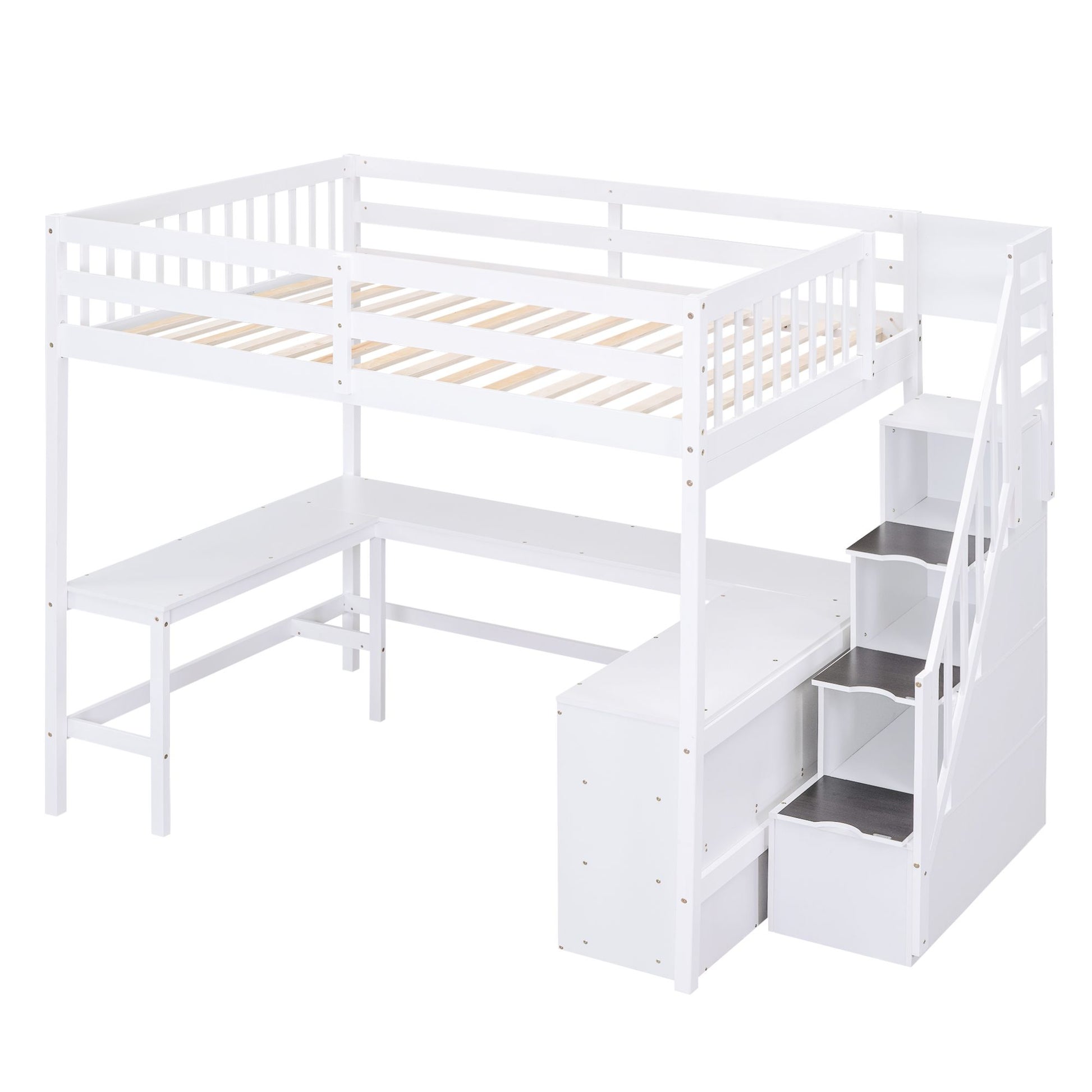Full Size Loft Bed with Built-in L-Shaped Desk and Three-Tier Storage Shelves,and Attached Storage Staircase, White(Old  image 14