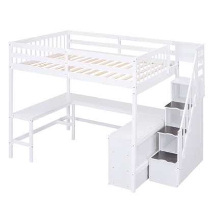 Full Size Loft Bed with Built-in L-Shaped Desk and Three-Tier Storage Shelves,and Attached Storage Staircase, White(Old  image 14
