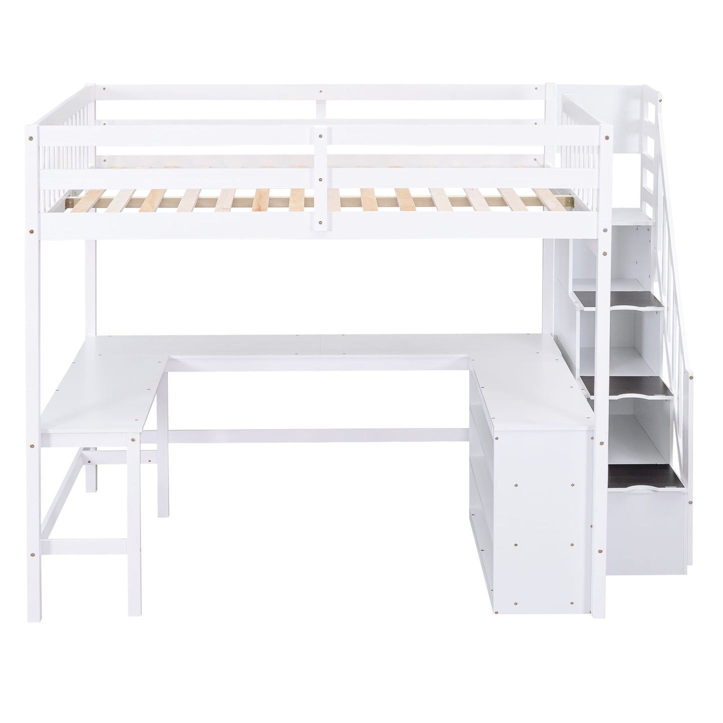 Full Size Loft Bed with Built-in L-Shaped Desk and Three-Tier Storage Shelves,and Attached Storage Staircase, White(Old  image 8