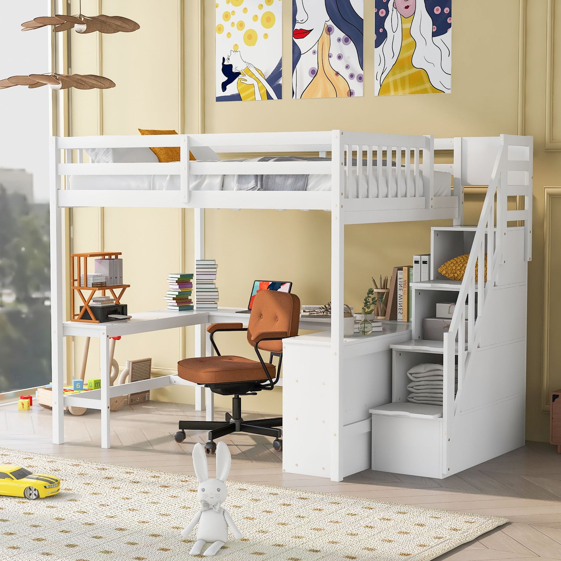 Full Size Loft Bed with Built-in L-Shaped Desk and Three-Tier Storage Shelves,and Attached Storage Staircase, White(Old  image 3