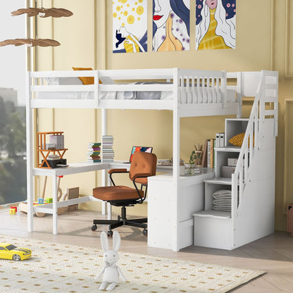 Full Size Loft Bed with Built-in L-Shaped Desk and Three-Tier Storage Shelves,and Attached Storage Staircase, White(Old  image 3
