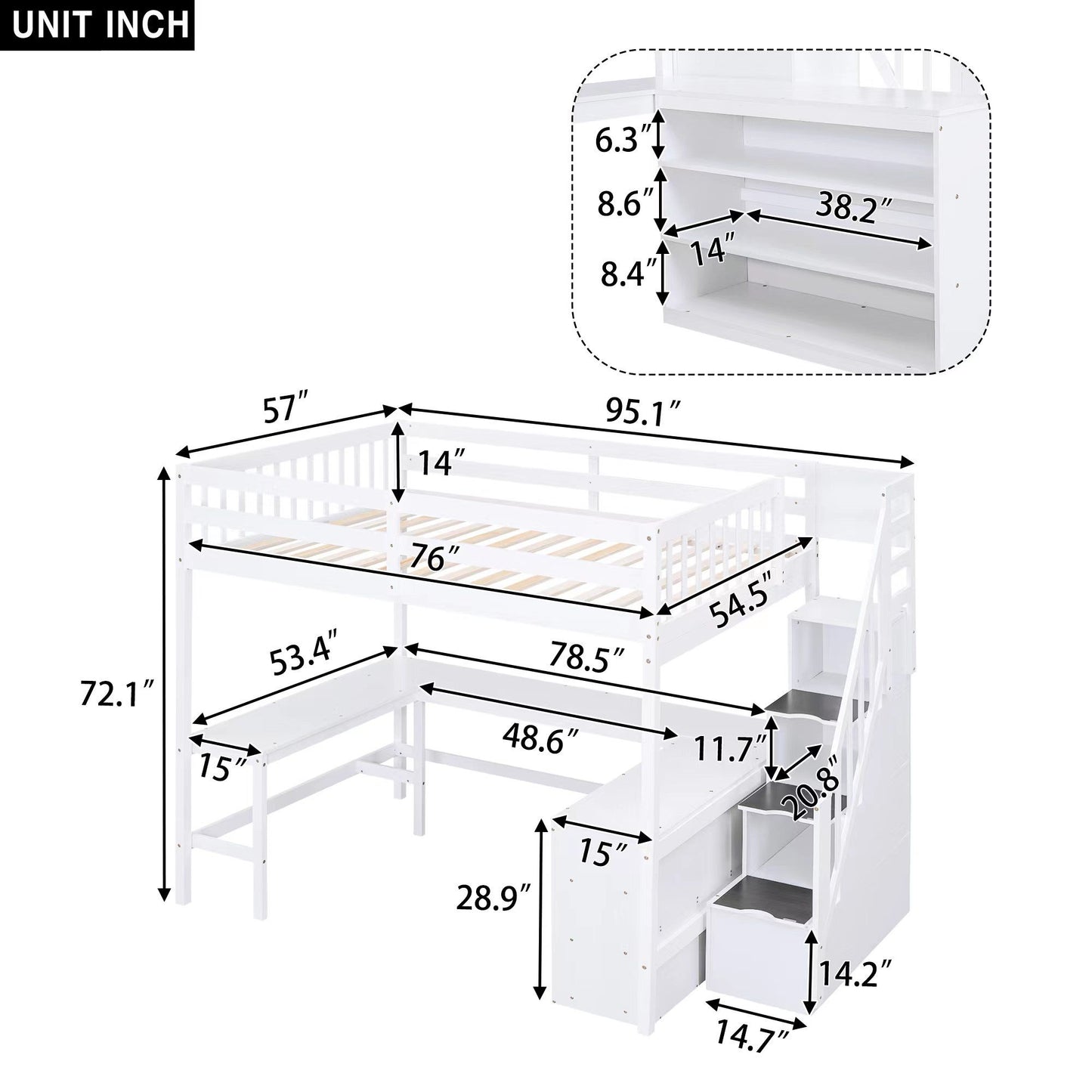 Full Size Loft Bed with Built-in L-Shaped Desk and Three-Tier Storage Shelves,and Attached Storage Staircase, White(Old  image 6