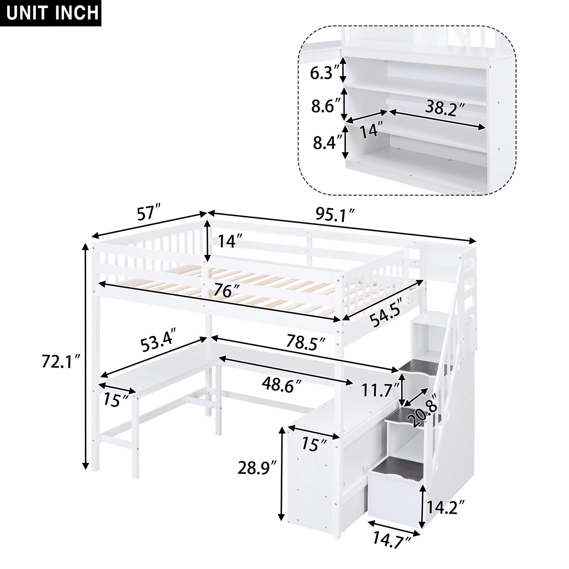 Full Size Loft Bed with Built-in L-Shaped Desk and Three-Tier Storage Shelves,and Attached Storage Staircase, White(Old  image 6