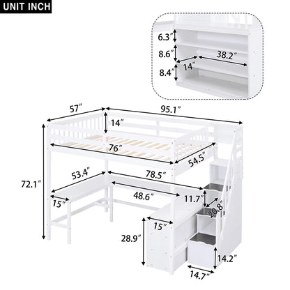 Full Size Loft Bed with Built-in L-Shaped Desk and Three-Tier Storage Shelves,and Attached Storage Staircase, White(Old  image 6