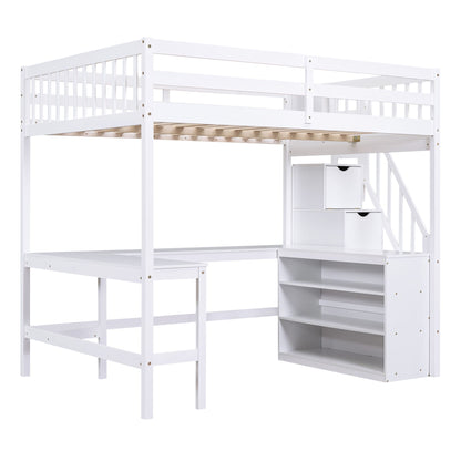 Full Size Loft Bed with Built-in L-Shaped Desk and Three-Tier Storage Shelves,and Attached Storage Staircase, White(Old  image 18