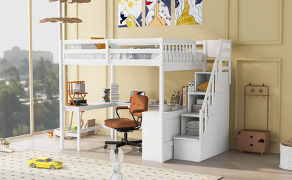 Full Size Loft Bed with Built-in L-Shaped Desk and Three-Tier Storage Shelves,and Attached Storage Staircase, White(Old  image 4