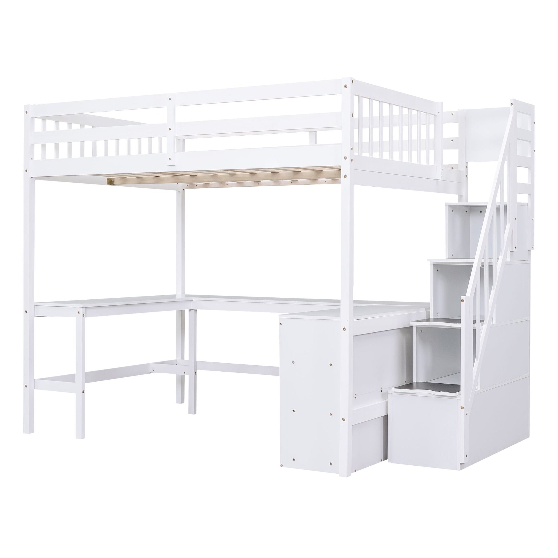 Full Size Loft Bed with Built-in L-Shaped Desk and Three-Tier Storage Shelves,and Attached Storage Staircase, White(Old  image 10