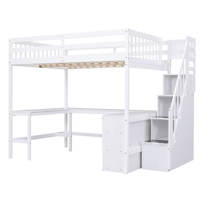 Full Size Loft Bed with Built-in L-Shaped Desk and Three-Tier Storage Shelves,and Attached Storage Staircase, White(Old  image 10