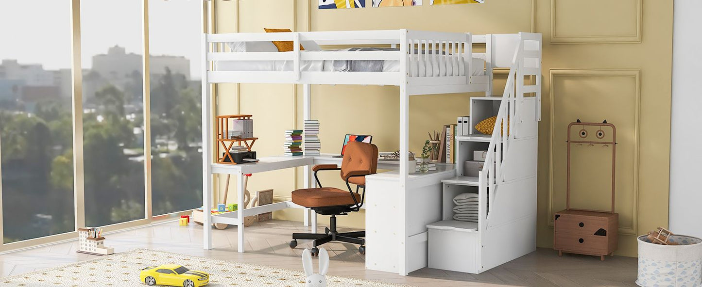 Full Size Loft Bed with Built-in L-Shaped Desk and Three-Tier Storage Shelves,and Attached Storage Staircase, White(Old  image 5