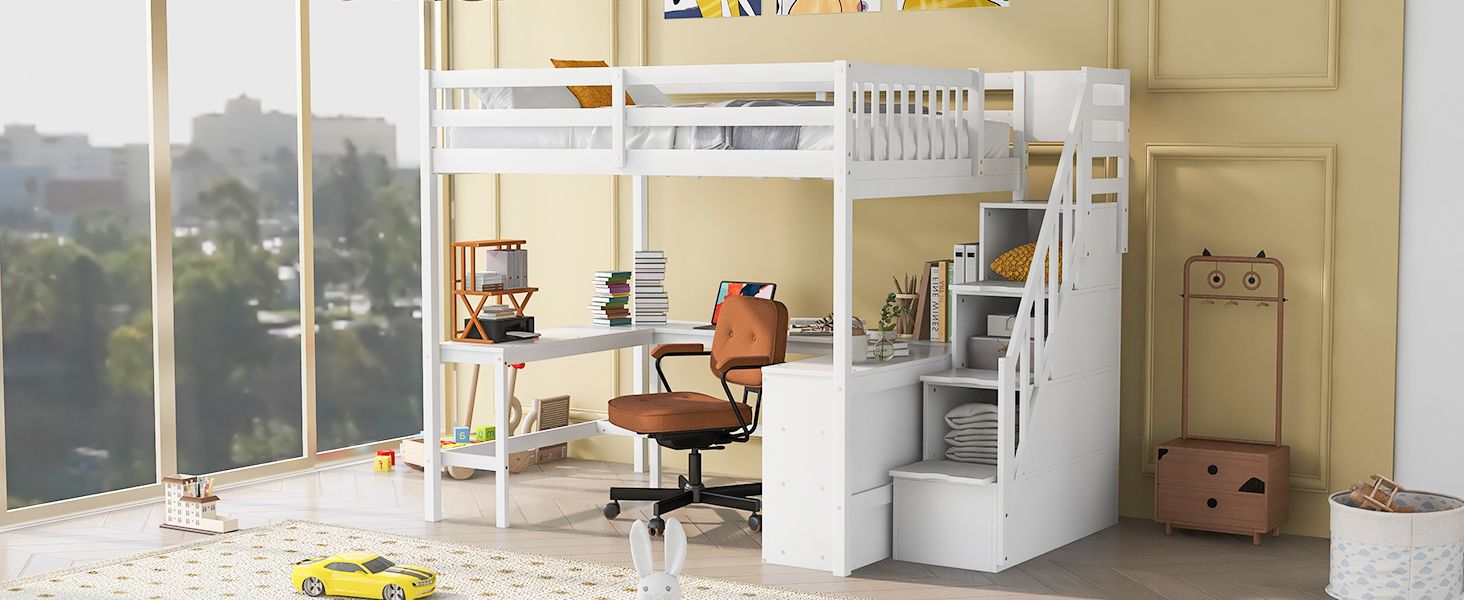 Full Size Loft Bed with Built-in L-Shaped Desk and Three-Tier Storage Shelves,and Attached Storage Staircase, White(Old  image 5