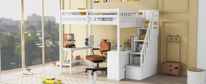 Full Size Loft Bed with Built-in L-Shaped Desk and Three-Tier Storage Shelves,and Attached Storage Staircase, White(Old  image 5