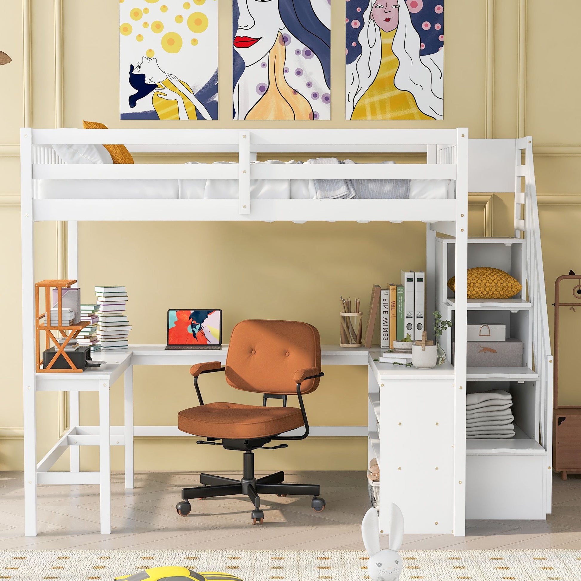 Full Size Loft Bed with Built-in L-Shaped Desk and Three-Tier Storage Shelves,and Attached Storage Staircase, White(Old  image 2