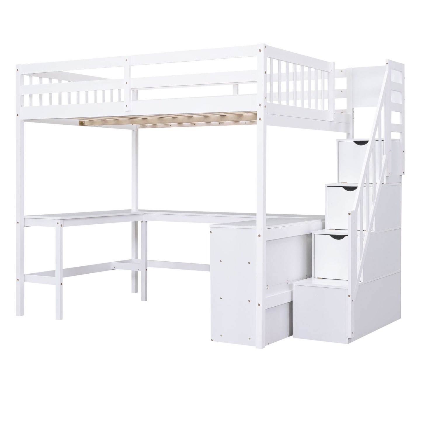 Full Size Loft Bed with Built-in L-Shaped Desk and Three-Tier Storage Shelves,and Attached Storage Staircase, White(Old  image 17