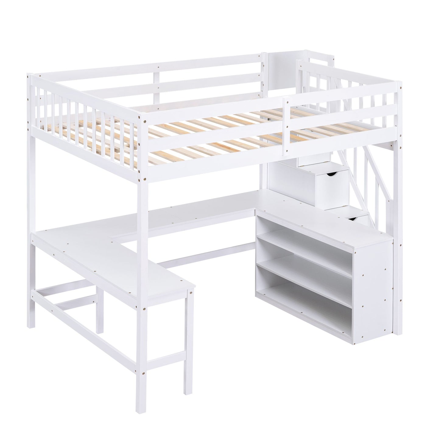Full Size Loft Bed with Built-in L-Shaped Desk and Three-Tier Storage Shelves,and Attached Storage Staircase, White(Old  image 16