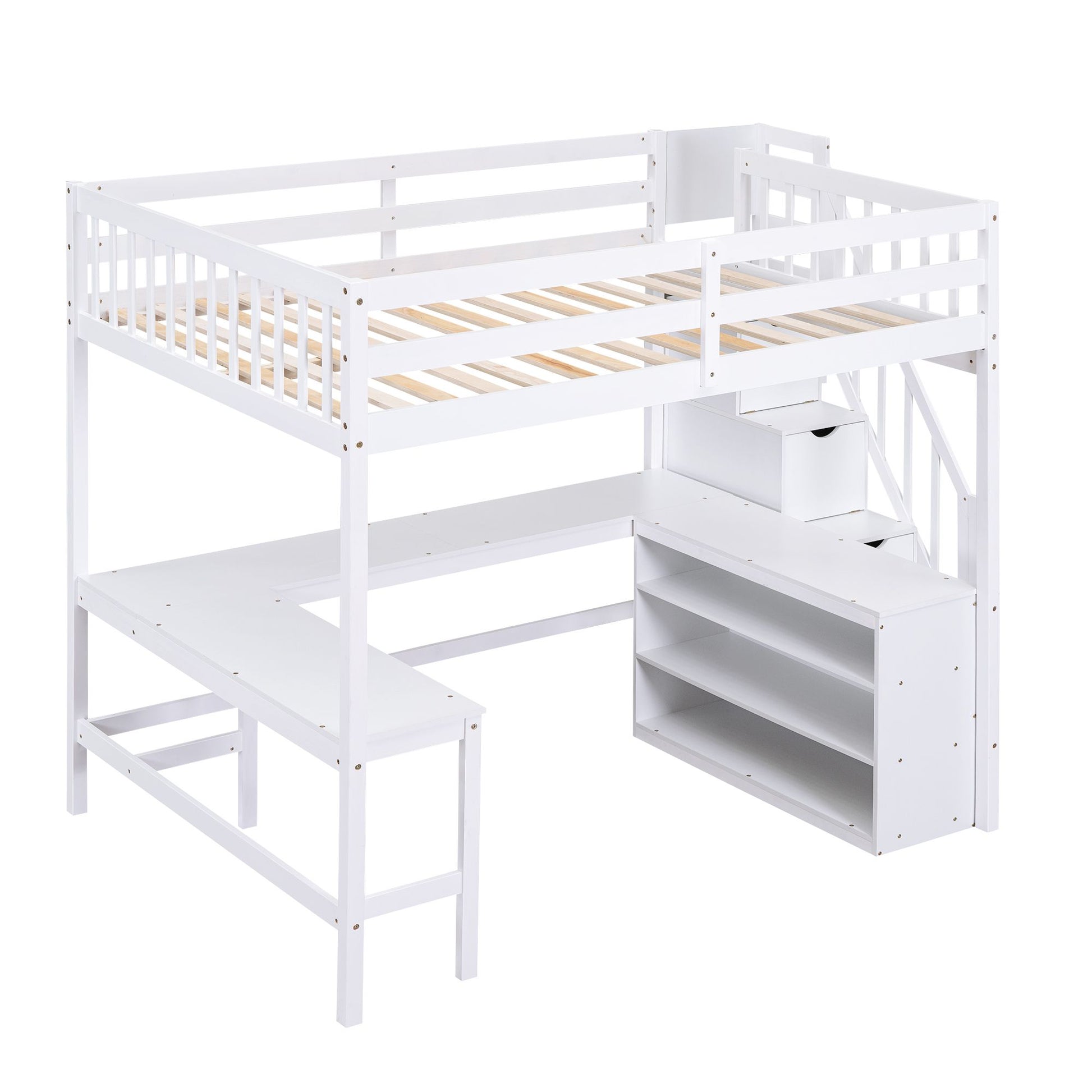 Full Size Loft Bed with Built-in L-Shaped Desk and Three-Tier Storage Shelves,and Attached Storage Staircase, White(Old  image 16