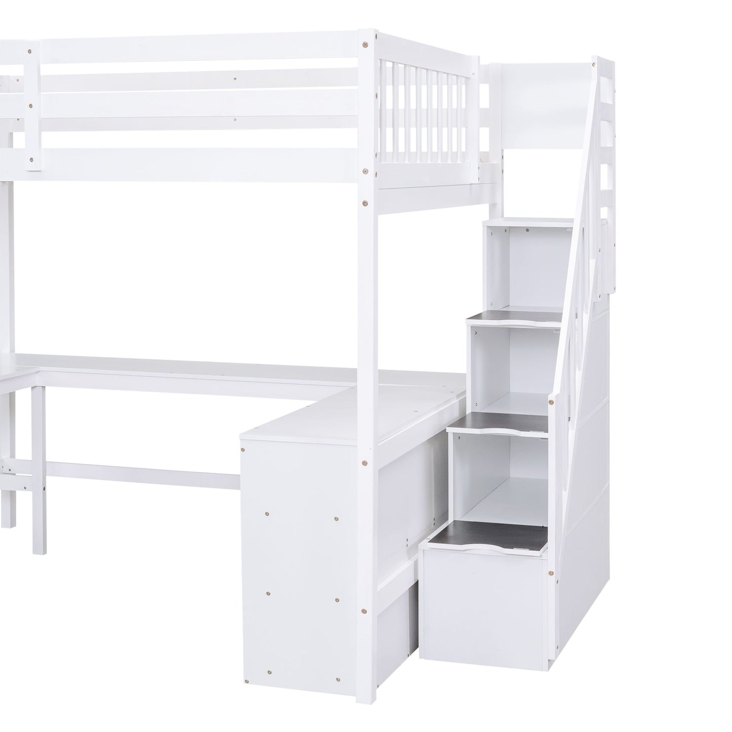 Full Size Loft Bed with Built-in L-Shaped Desk and Three-Tier Storage Shelves,and Attached Storage Staircase, White(Old  image 11