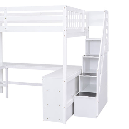 Full Size Loft Bed with Built-in L-Shaped Desk and Three-Tier Storage Shelves,and Attached Storage Staircase, White(Old  image 11
