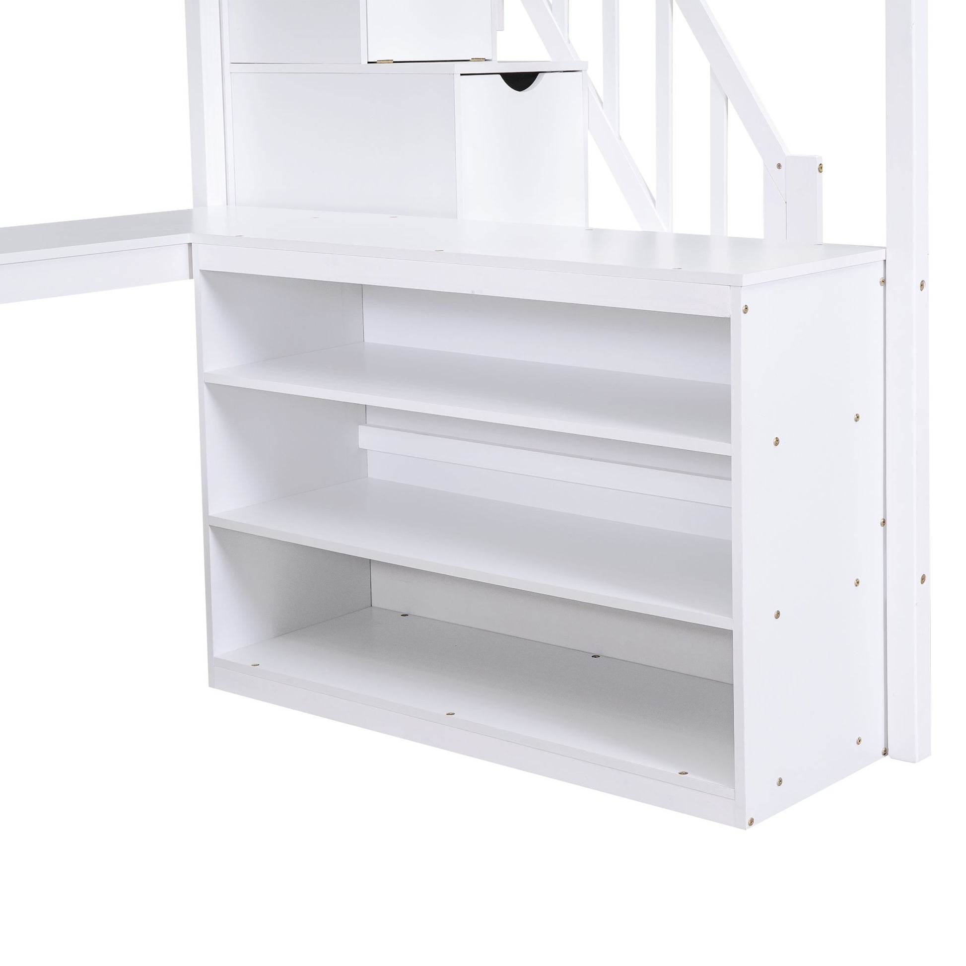 Full Size Loft Bed with Built-in L-Shaped Desk and Three-Tier Storage Shelves,and Attached Storage Staircase, White(Old  image 19