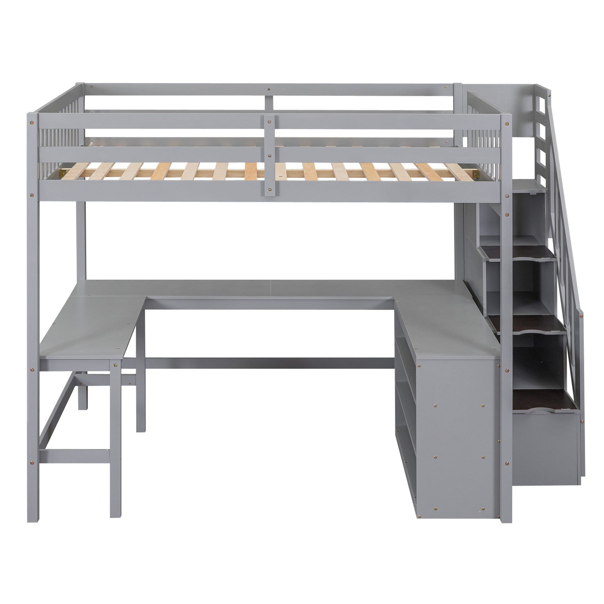 Full Size Loft Bed with Built-in L-Shaped Desk and Three-Tier Storage Shelves,and Attached Storage Staircase,Gray(Old SK image 16