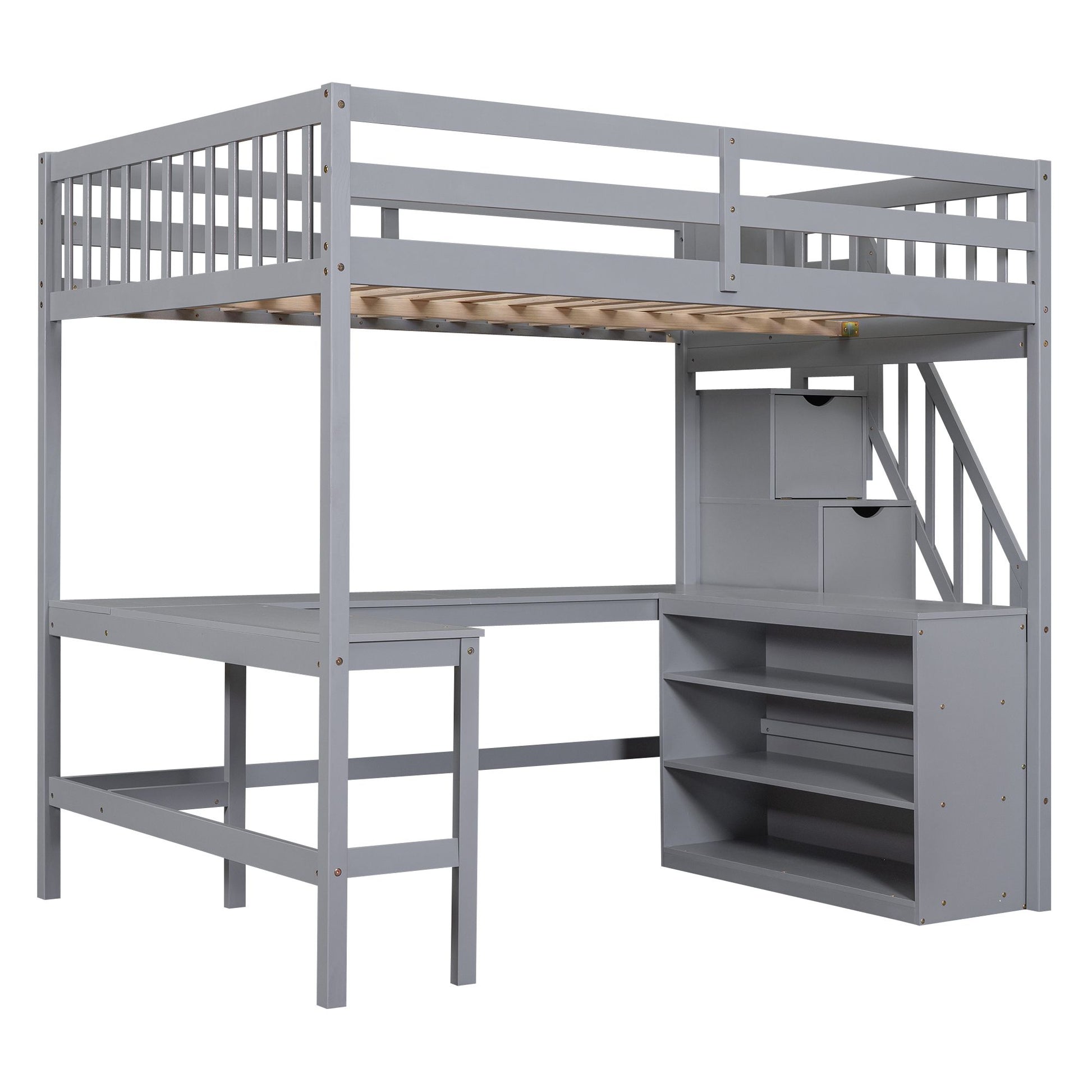 Full Size Loft Bed with Built-in L-Shaped Desk and Three-Tier Storage Shelves,and Attached Storage Staircase,Gray(Old SK image 7