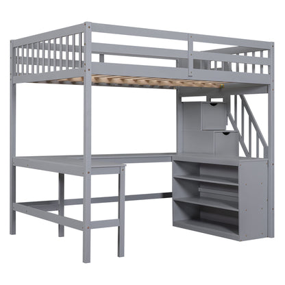 Full Size Loft Bed with Built-in L-Shaped Desk and Three-Tier Storage Shelves,and Attached Storage Staircase,Gray(Old SK image 7