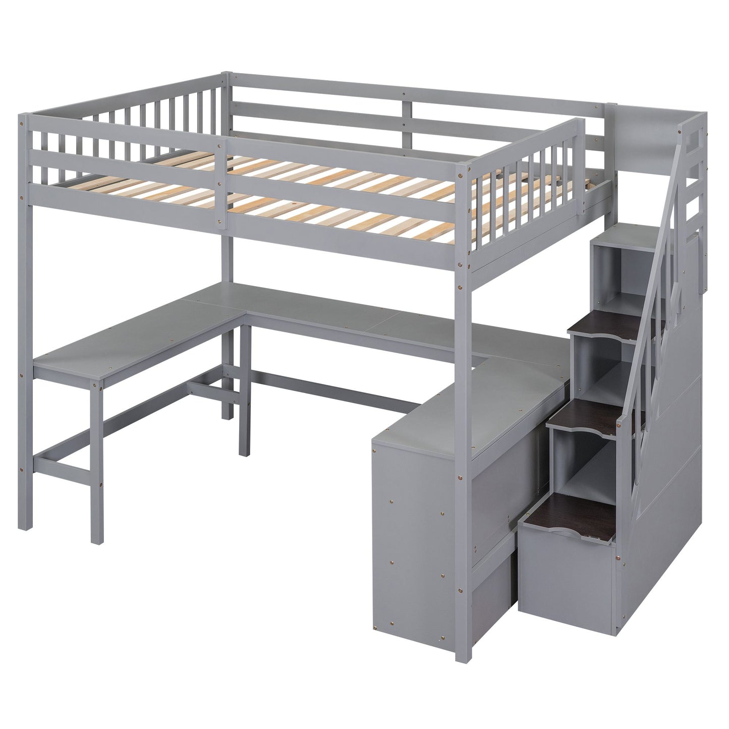 Full Size Loft Bed with Built-in L-Shaped Desk and Three-Tier Storage Shelves,and Attached Storage Staircase,Gray(Old SK image 6