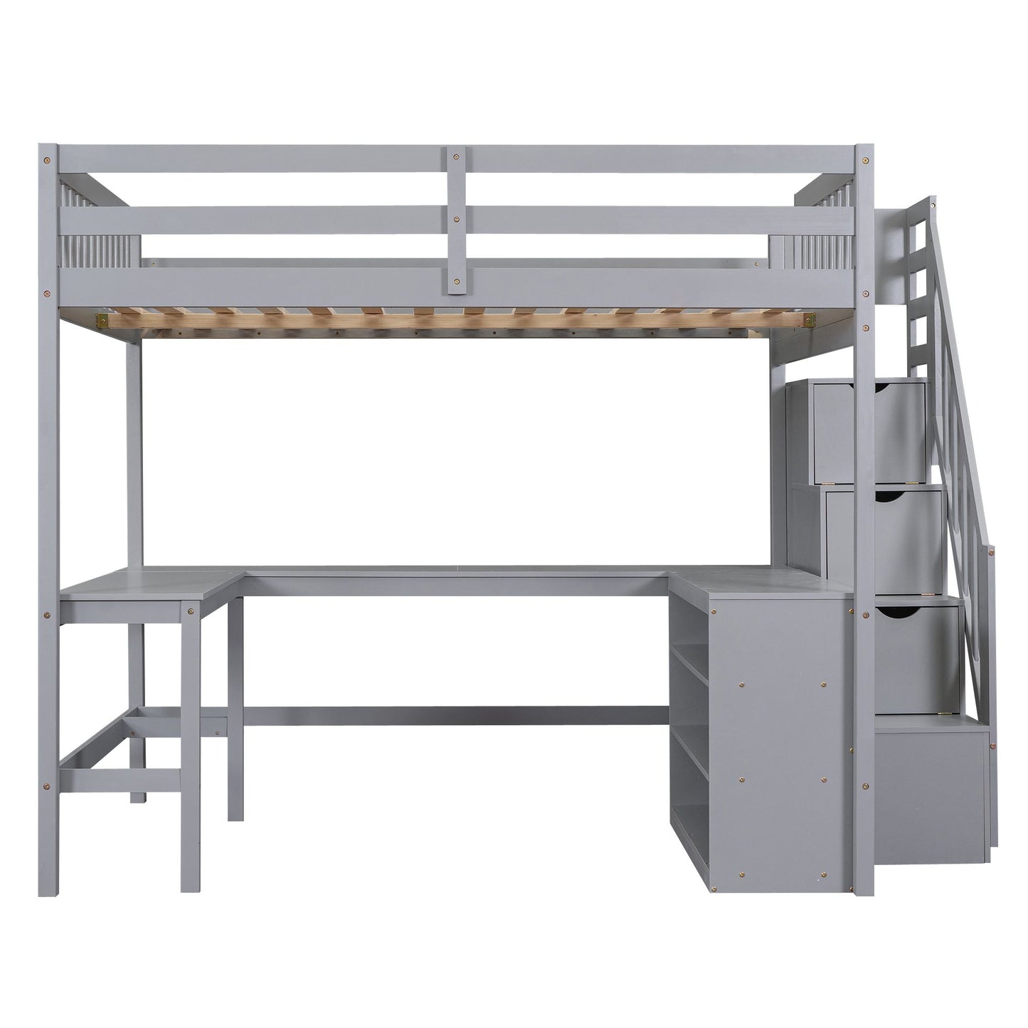 Full Size Loft Bed with Built-in L-Shaped Desk and Three-Tier Storage Shelves,and Attached Storage Staircase,Gray(Old SK image 15