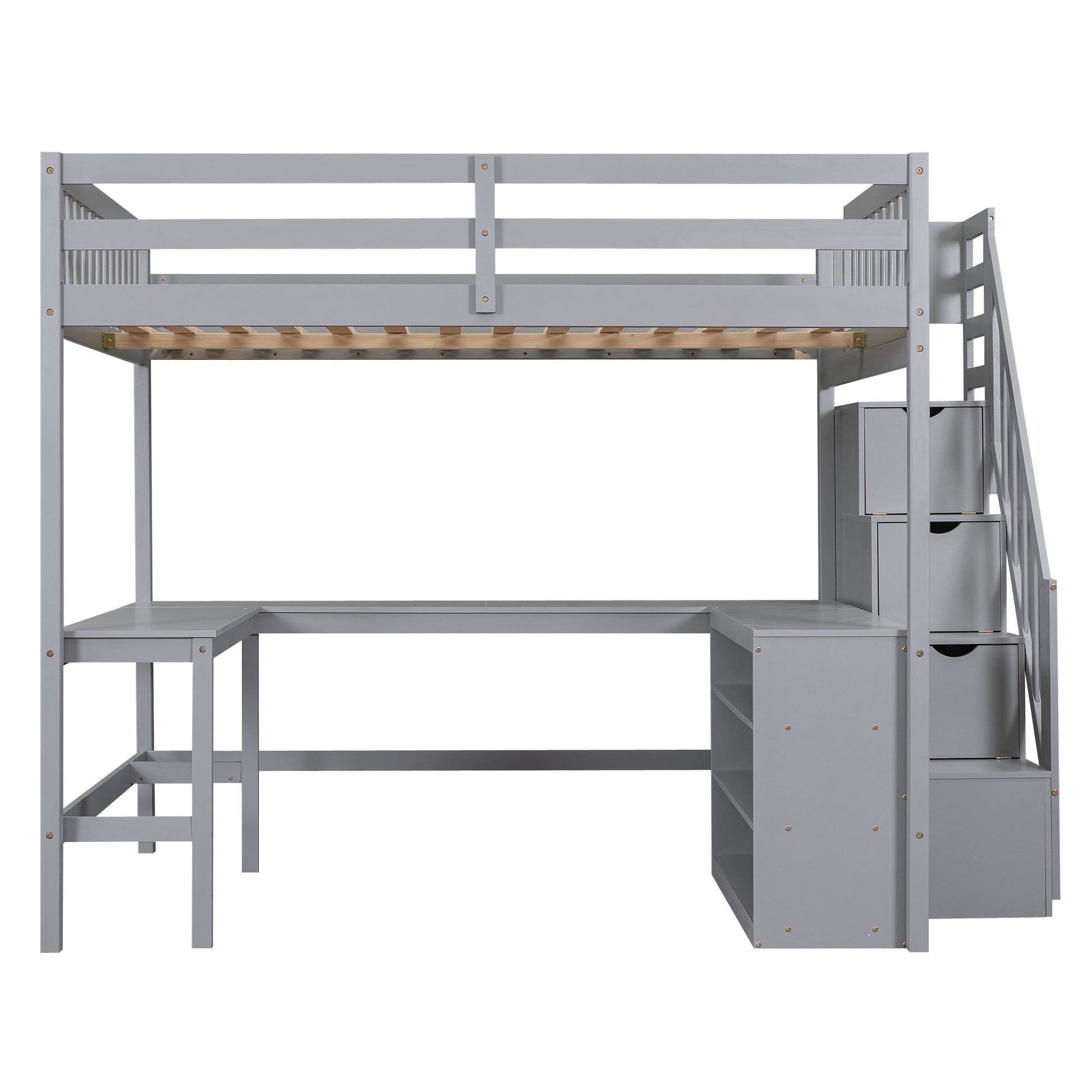 Full Size Loft Bed with Built-in L-Shaped Desk and Three-Tier Storage Shelves,and Attached Storage Staircase,Gray(Old SK image 15
