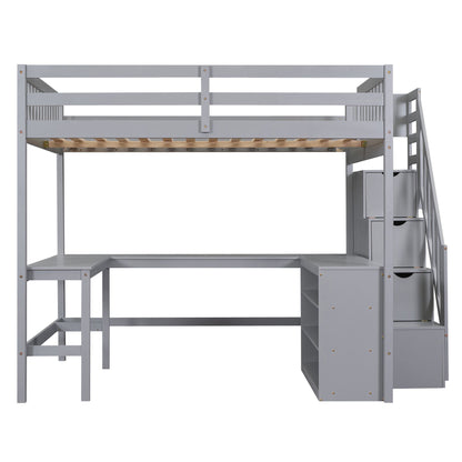 Full Size Loft Bed with Built-in L-Shaped Desk and Three-Tier Storage Shelves,and Attached Storage Staircase,Gray(Old SK image 15