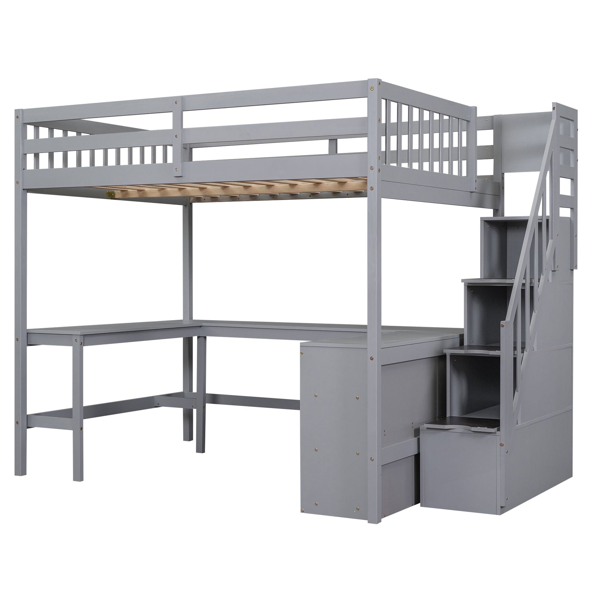 Full Size Loft Bed with Built-in L-Shaped Desk and Three-Tier Storage Shelves,and Attached Storage Staircase,Gray(Old SK image 11