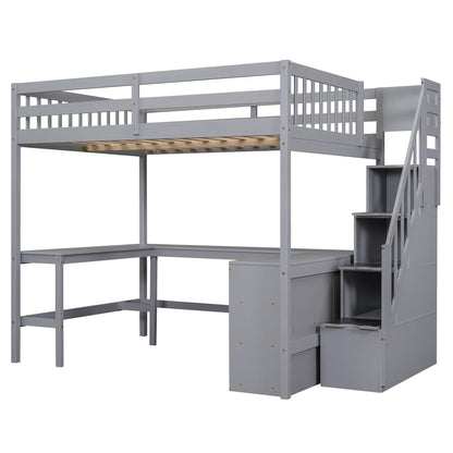 Full Size Loft Bed with Built-in L-Shaped Desk and Three-Tier Storage Shelves,and Attached Storage Staircase,Gray(Old SK image 11