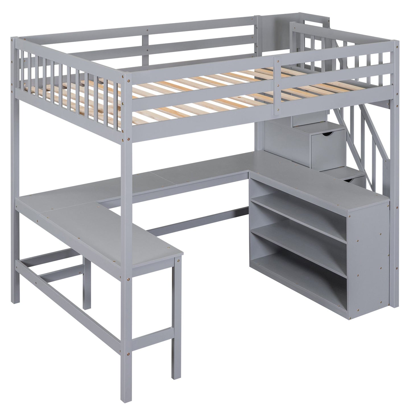 Full Size Loft Bed with Built-in L-Shaped Desk and Three-Tier Storage Shelves,and Attached Storage Staircase,Gray(Old SK image 14