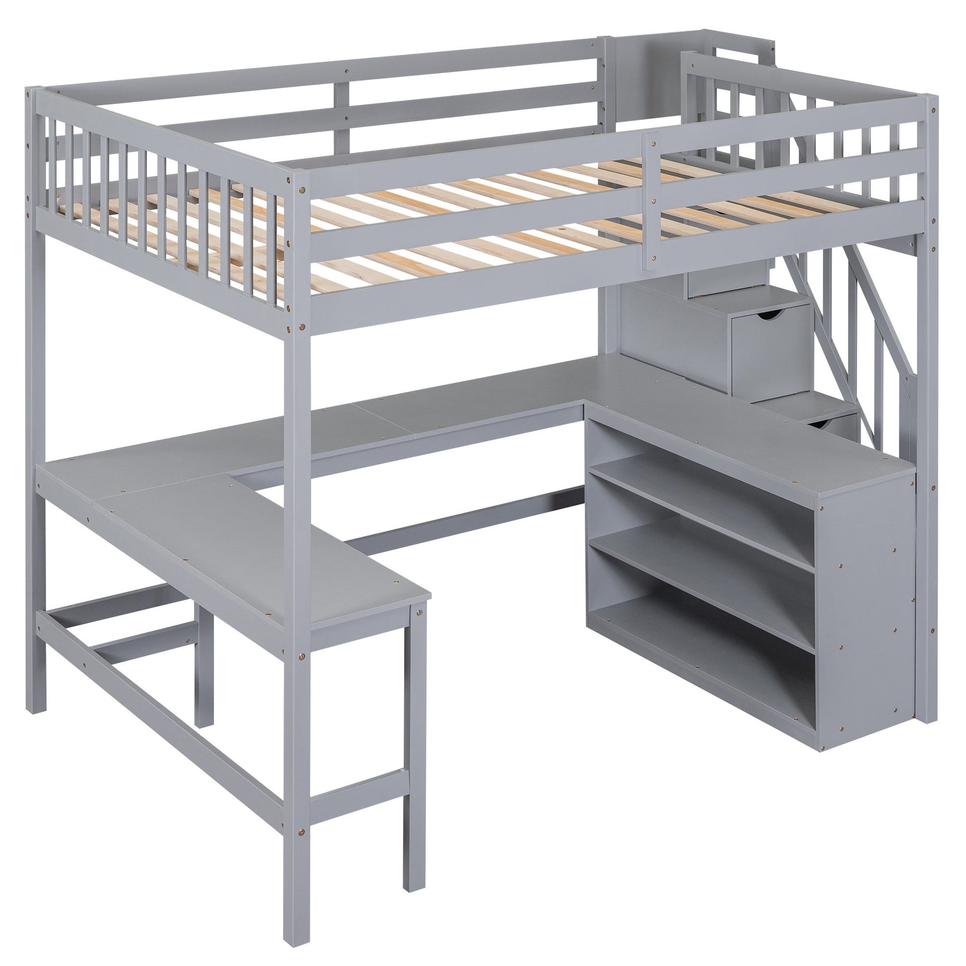 Full Size Loft Bed with Built-in L-Shaped Desk and Three-Tier Storage Shelves,and Attached Storage Staircase,Gray(Old SK image 14