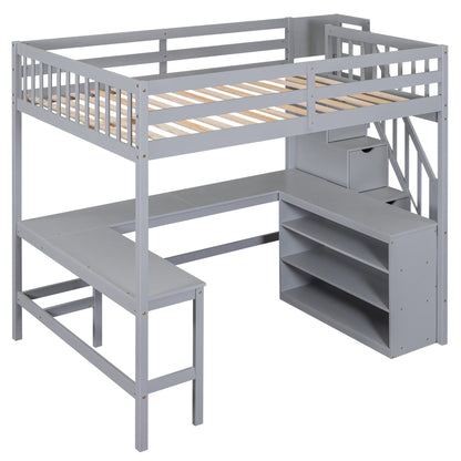 Full Size Loft Bed with Built-in L-Shaped Desk and Three-Tier Storage Shelves,and Attached Storage Staircase,Gray(Old SK image 14