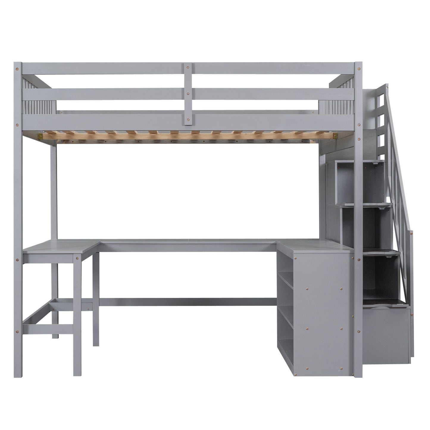 Full Size Loft Bed with Built-in L-Shaped Desk and Three-Tier Storage Shelves,and Attached Storage Staircase,Gray(Old SK image 13
