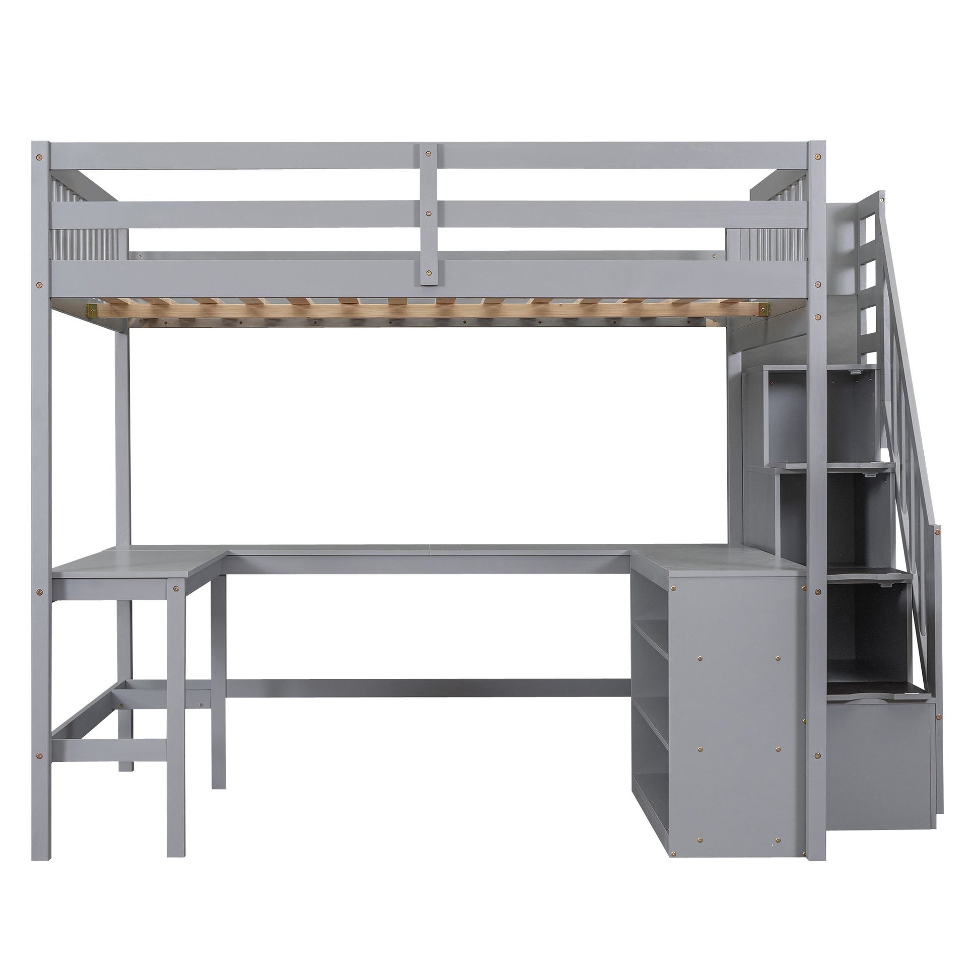 Full Size Loft Bed with Built-in L-Shaped Desk and Three-Tier Storage Shelves,and Attached Storage Staircase,Gray(Old SK image 13