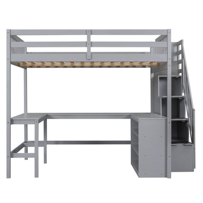 Full Size Loft Bed with Built-in L-Shaped Desk and Three-Tier Storage Shelves,and Attached Storage Staircase,Gray(Old SK image 13