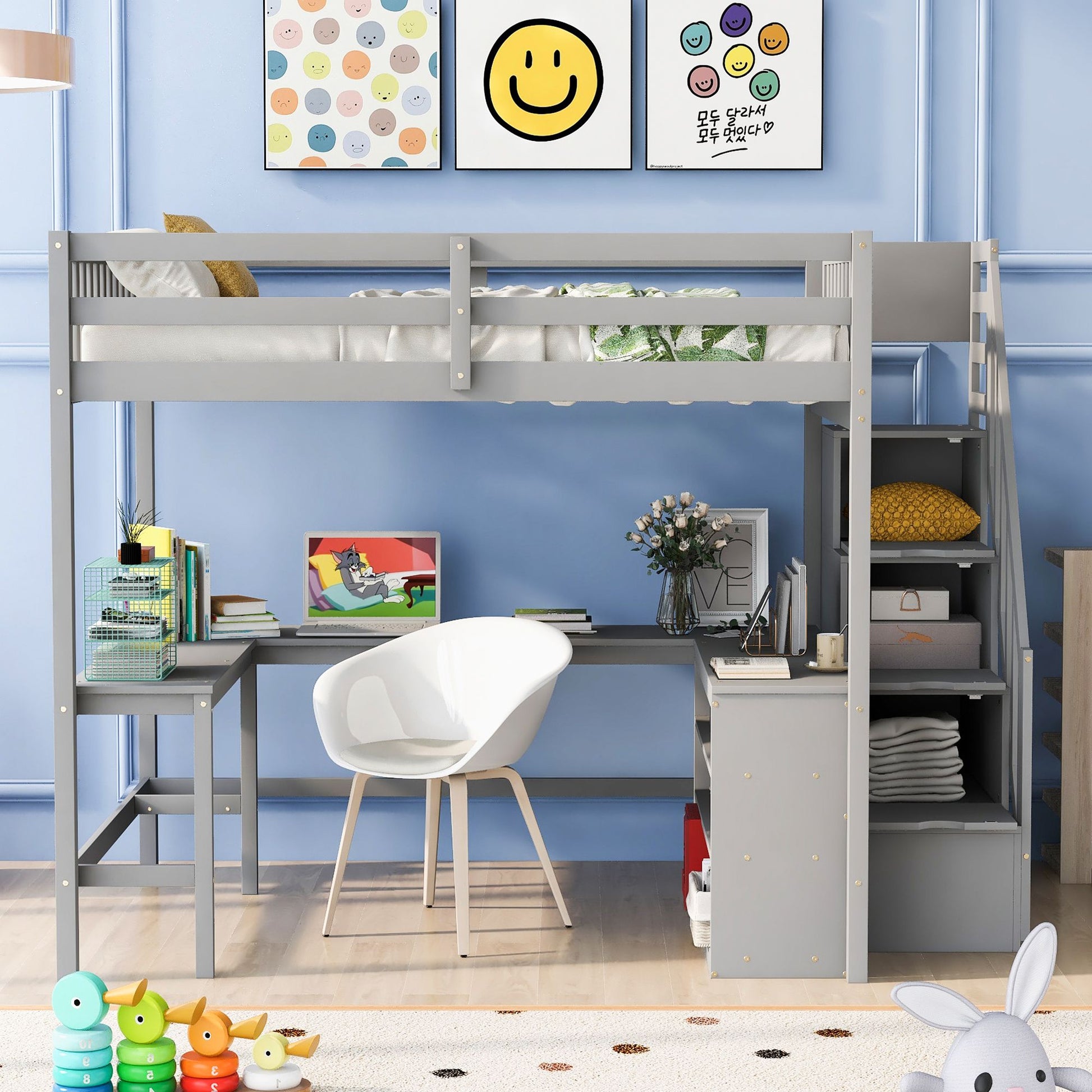 Full Size Loft Bed with Built-in L-Shaped Desk and Three-Tier Storage Shelves,and Attached Storage Staircase,Gray(Old SK image 2
