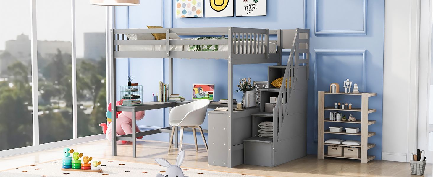 Full Size Loft Bed with Built-in L-Shaped Desk and Three-Tier Storage Shelves,and Attached Storage Staircase,Gray(Old SK image 5