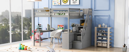 Full Size Loft Bed with Built-in L-Shaped Desk and Three-Tier Storage Shelves,and Attached Storage Staircase,Gray(Old SK image 5