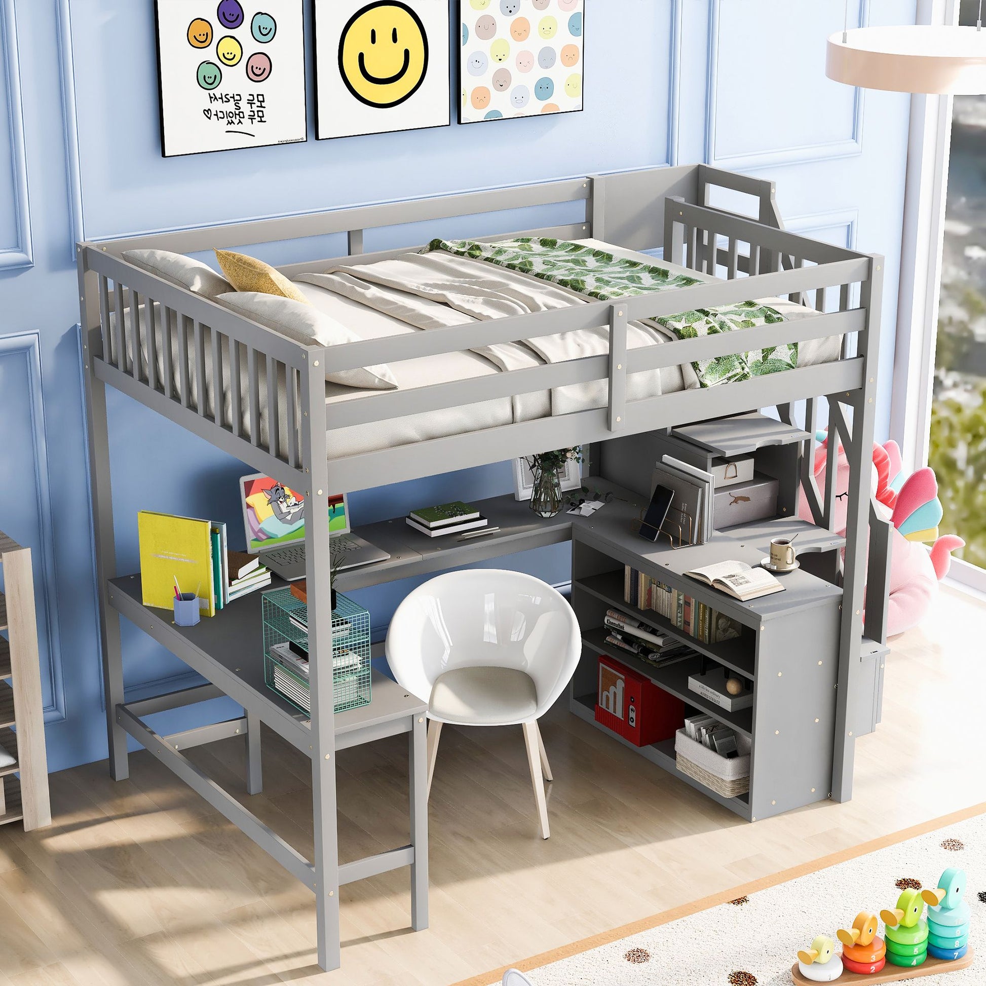 Full Size Loft Bed with Built-in L-Shaped Desk and Three-Tier Storage Shelves,and Attached Storage Staircase,Gray(Old SK image 1
