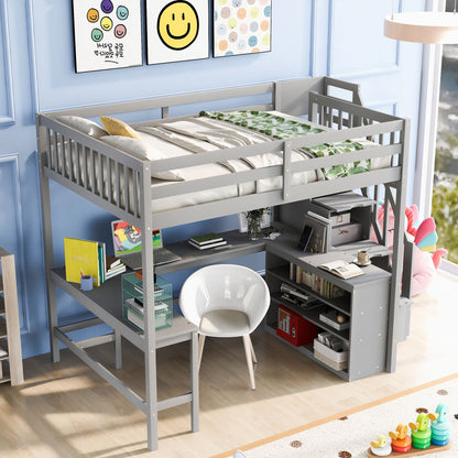 Full Size Loft Bed with Built-in L-Shaped Desk and Three-Tier Storage Shelves,and Attached Storage Staircase,Gray(Old SK image 1